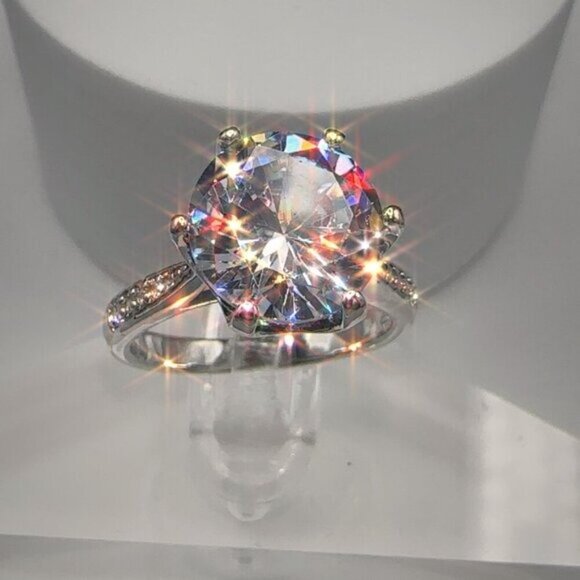 Round Cut Simulated Diamond Engagement Ring With Pave Band In Silver Tone 4CT - Picture 3 of 9